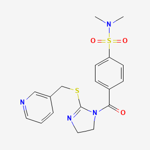 molecular formula C18H20N4O3S2 B2540176 N,N-dimethyl-4-(2-((pyridin-3-ylmethyl)thio)-4,5-dihydro-1H-imidazole-1-carbonyl)benzenesulfonamide CAS No. 851807-84-6