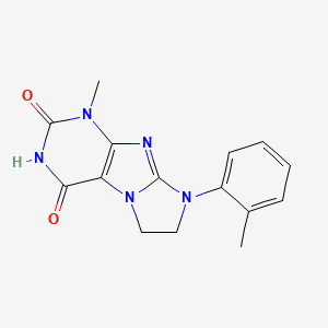 molecular formula C15H15N5O2 B2540214 1-Methyl-8-(2-methylphenyl)-1,3,5-trihydroimidazolidino[1,2-h]purine-2,4-dione CAS No. 879459-96-8