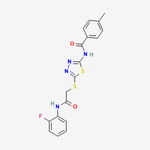 molecular formula C18H15FN4O2S2 B2540293 N-[5-[2-(2-fluoroanilino)-2-oxoethyl]sulfanyl-1,3,4-thiadiazol-2-yl]-4-methylbenzamide CAS No. 392298-46-3