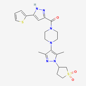 molecular formula C21H26N6O3S2 B2540316 (4-(1-(1,1-dioxidotetrahydrothiophen-3-yl)-3,5-dimethyl-1H-pyrazol-4-yl)piperazin-1-yl)(3-(thiophen-2-yl)-1H-pyrazol-5-yl)methanone CAS No. 1298062-28-8