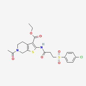 molecular formula C21H23ClN2O6S2 B2540330 Ethyl 6-acetyl-2-(3-((4-chlorophenyl)sulfonyl)propanamido)-4,5,6,7-tetrahydrothieno[2,3-c]pyridine-3-carboxylate CAS No. 895463-36-2