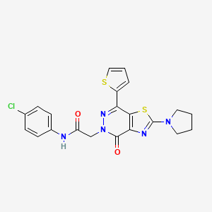 molecular formula C21H18ClN5O2S2 B2540391 N-(4-chlorophenyl)-2-(4-oxo-2-(pyrrolidin-1-yl)-7-(thiophen-2-yl)thiazolo[4,5-d]pyridazin-5(4H)-yl)acetamide CAS No. 1105233-82-6