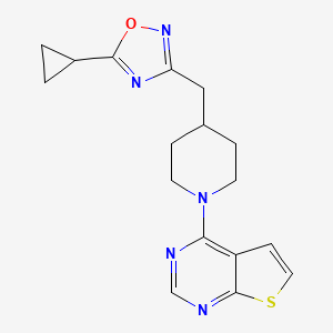 molecular formula C17H19N5OS B2540403 5-Cyclopropyl-3-[(1-thieno[2,3-d]pyrimidin-4-ylpiperidin-4-yl)methyl]-1,2,4-oxadiazole CAS No. 2411224-51-4