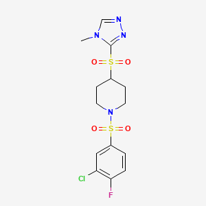 molecular formula C14H16ClFN4O4S2 B2540419 1-((3-chloro-4-fluorophenyl)sulfonyl)-4-((4-methyl-4H-1,2,4-triazol-3-yl)sulfonyl)piperidine CAS No. 1448029-96-6
