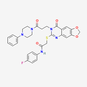 molecular formula C30H28FN5O5S B2540445 N-(4-氟苯基)-2-({8-氧代-7-[3-氧代-3-(4-苯基哌嗪-1-基)丙基]-7,8-二氢[1,3]二氧杂环[4,5-g]喹唑啉-6-基}硫代)乙酰胺 CAS No. 896706-57-3