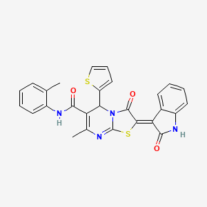 molecular formula C27H20N4O3S2 B2540481 (Z)-7-甲基-3-氧代-2-(2-氧代吲哚啉-3-亚烷基)-5-(噻吩-2-基)-N-(邻甲苯基)-3,5-二氢-2H-噻唑并[3,2-a]嘧啶-6-甲酰胺 CAS No. 627038-85-1
