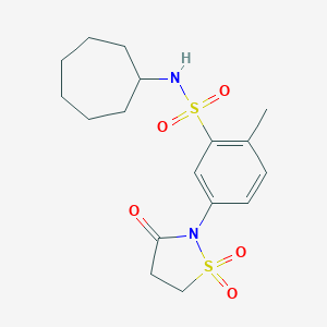 molecular formula C17H24N2O5S2 B254052 N-cycloheptyl-5-(1,1-dioxido-3-oxo-2-isothiazolidinyl)-2-methylbenzenesulfonamide 