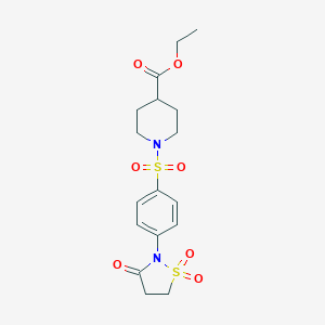 molecular formula C17H22N2O7S2 B254059 Ethyl 1-{[4-(1,1-dioxido-3-oxo-2-isothiazolidinyl)phenyl]sulfonyl}-4-piperidinecarboxylate 
