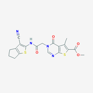 molecular formula C19H16N4O4S2 B254063 methyl 3-[2-[(3-cyano-5,6-dihydro-4H-cyclopenta[b]thiophen-2-yl)amino]-2-oxoethyl]-5-methyl-4-oxothieno[2,3-d]pyrimidine-6-carboxylate 