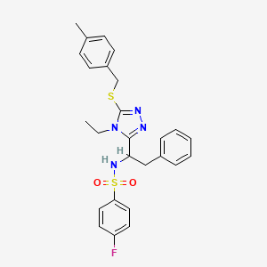 molecular formula C26H27FN4O2S2 B2540651 N-(1-{4-ethyl-5-[(4-methylbenzyl)sulfanyl]-4H-1,2,4-triazol-3-yl}-2-phenylethyl)-4-fluorobenzenesulfonamide CAS No. 338794-26-6