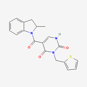 molecular formula C19H17N3O3S B2540677 5-(2-methylindoline-1-carbonyl)-3-(thiophen-2-ylmethyl)pyrimidine-2,4(1H,3H)-dione CAS No. 1396785-05-9