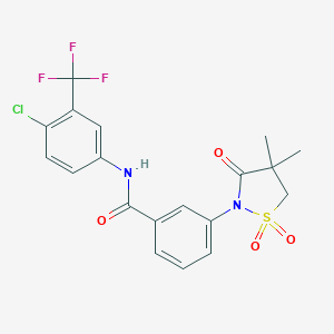 molecular formula C19H16ClF3N2O4S B254070 N-[4-chloro-3-(trifluoromethyl)phenyl]-3-(4,4-dimethyl-1,1-dioxido-3-oxo-2-isothiazolidinyl)benzamide 