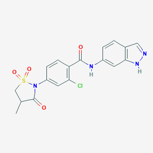 molecular formula C18H15ClN4O4S B254075 2-chloro-N-1H-indazol-6-yl-4-(4-methyl-1,1-dioxido-3-oxoisothiazolidin-2-yl)benzamide 