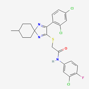 molecular formula C23H21Cl3FN3OS B2540758 N-(3-chloro-4-fluorophenyl)-2-{[3-(2,4-dichlorophenyl)-8-methyl-1,4-diazaspiro[4.5]deca-1,3-dien-2-yl]sulfanyl}acetamide CAS No. 899918-42-4