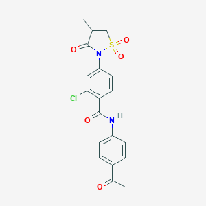 molecular formula C19H17ClN2O5S B254076 N-(4-acetylphenyl)-2-chloro-4-(4-methyl-1,1-dioxido-3-oxo-2-isothiazolidinyl)benzamide 