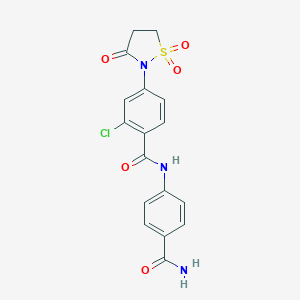 molecular formula C17H14ClN3O5S B254079 N-[4-(aminocarbonyl)phenyl]-2-chloro-4-(1,1-dioxido-3-oxo-2-isothiazolidinyl)benzamide 