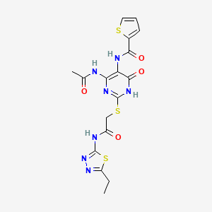 molecular formula C17H17N7O4S3 B2540791 N-(4-acetamido-2-((2-((5-ethyl-1,3,4-thiadiazol-2-yl)amino)-2-oxoethyl)thio)-6-oxo-1,6-dihydropyrimidin-5-yl)thiophene-2-carboxamide CAS No. 872608-98-5