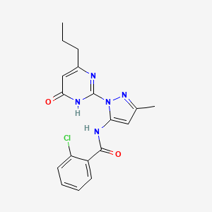 molecular formula C18H18ClN5O2 B2540801 2-chloro-N-(3-methyl-1-(6-oxo-4-propyl-1,6-dihydropyrimidin-2-yl)-1H-pyrazol-5-yl)benzamide CAS No. 1002931-64-7