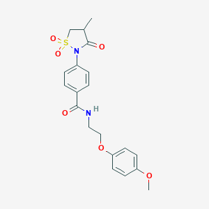 molecular formula C20H22N2O6S B254082 N-[2-(4-methoxyphenoxy)ethyl]-4-(4-methyl-1,1-dioxido-3-oxo-2-isothiazolidinyl)benzamide 