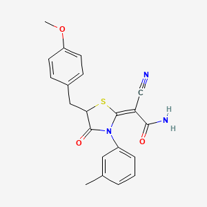 molecular formula C21H19N3O3S B2540830 (E)-2-cyano-2-(5-(4-methoxybenzyl)-4-oxo-3-(m-tolyl)thiazolidin-2-ylidene)acetamide CAS No. 924819-62-5