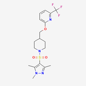 molecular formula C18H23F3N4O3S B2540952 2-(Trifluoromethyl)-6-[[1-(1,3,5-trimethylpyrazol-4-yl)sulfonylpiperidin-4-yl]methoxy]pyridine CAS No. 2309259-35-4