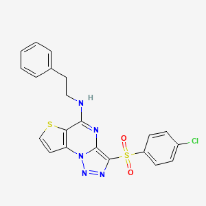 molecular formula C21H16ClN5O2S2 B2540991 10-(4-chlorobenzenesulfonyl)-N-(2-phenylethyl)-5-thia-1,8,11,12-tetraazatricyclo[7.3.0.0^{2,6}]dodeca-2(6),3,7,9,11-pentaen-7-amine CAS No. 892736-84-4