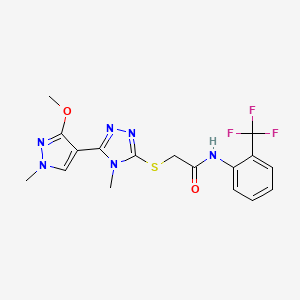 molecular formula C17H17F3N6O2S B2541014 2-((5-(3-methoxy-1-methyl-1H-pyrazol-4-yl)-4-methyl-4H-1,2,4-triazol-3-yl)thio)-N-(2-(trifluoromethyl)phenyl)acetamide CAS No. 1014053-13-4