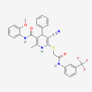 molecular formula C30H25F3N4O3S B2541028 5-cyano-N-(2-methoxyphenyl)-2-methyl-6-((2-oxo-2-((3-(trifluoromethyl)phenyl)amino)ethyl)thio)-4-phenyl-1,4-dihydropyridine-3-carboxamide CAS No. 477296-11-0