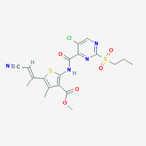 molecular formula C19H19ClN4O5S2 B254106 Methyl 2-({[5-chloro-2-(propylsulfonyl)-4-pyrimidinyl]carbonyl}amino)-5-(2-cyano-1-methylvinyl)-4-methyl-3-thiophenecarboxylate 