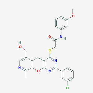 molecular formula C27H23ClN4O4S B2541066 2-((2-(3-chlorophenyl)-6-(hydroxymethyl)-9-methyl-5H-pyrido[4',3':5,6]pyrano[2,3-d]pyrimidin-4-yl)thio)-N-(3-methoxyphenyl)acetamide CAS No. 892383-29-8