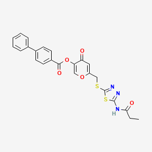 molecular formula C24H19N3O5S2 B2541099 4-氧代-6-(((5-丙酰胺基-1,3,4-噻二唑-2-基)硫代)甲基)-4H-吡喃-3-基[1,1'-联苯]-4-羧酸酯 CAS No. 896006-86-3