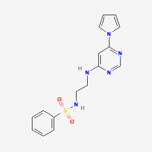 molecular formula C16H17N5O2S B2541100 N-(2-((6-(1H-吡咯-1-基)嘧啶-4-基)氨基)乙基)苯磺酰胺 CAS No. 1421505-49-8