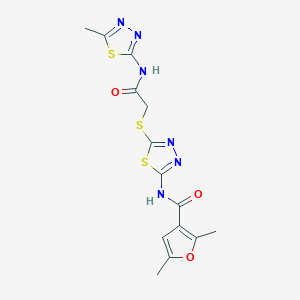 molecular formula C14H14N6O3S3 B2541286 2,5-dimethyl-N-(5-((2-((5-methyl-1,3,4-thiadiazol-2-yl)amino)-2-oxoethyl)thio)-1,3,4-thiadiazol-2-yl)furan-3-carboxamide CAS No. 1351597-69-7