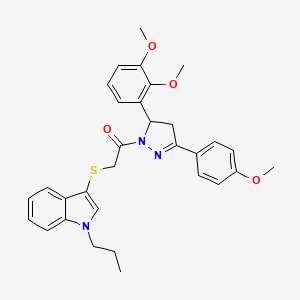molecular formula C31H33N3O4S B2541291 1-[3-(2,3-Dimethoxyphenyl)-5-(4-methoxyphenyl)-3,4-dihydropyrazol-2-yl]-2-(1-propylindol-3-yl)sulfanylethanone CAS No. 681217-11-8