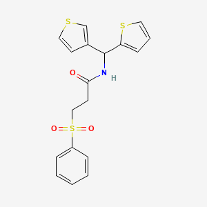 molecular formula C18H17NO3S3 B2541320 3-(phenylsulfonyl)-N-(thiophen-2-yl(thiophen-3-yl)methyl)propanamide CAS No. 2034231-19-9