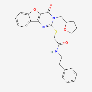 molecular formula C25H25N3O4S B2541397 2-{[4-oxo-3-(tetrahydrofuran-2-ylmethyl)-3,4-dihydro[1]benzofuro[3,2-d]pyrimidin-2-yl]sulfanyl}-N-(2-phenylethyl)acetamide CAS No. 899755-12-5