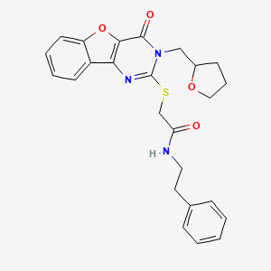 2-({6-oxo-5-[(oxolan-2-yl)methyl]-8-oxa-3,5-diazatricyclo[7.4.0.0^{2,7}]trideca-1(9),2(7),3,10,12-pentaen-4-yl}sulfanyl)-N-(2-phenylethyl)acetamide