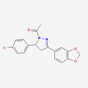 molecular formula C18H15BrN2O3 B2541398 1-(3-(benzo[d][1,3]dioxol-5-yl)-5-(4-bromophenyl)-4,5-dihydro-1H-pyrazol-1-yl)ethanone CAS No. 865615-43-6