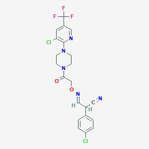 molecular formula C21H18Cl2F3N5O2 B2541476 2-(4-氯苯基)-3-[(2-{4-[3-氯-5-(三氟甲基)-2-吡啶基]哌嗪基}-2-氧代乙氧基)亚氨基]丙腈 CAS No. 400076-75-7