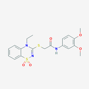 molecular formula C19H21N3O5S2 B2541490 N-(3,4-dimethoxyphenyl)-2-((4-ethyl-1,1-dioxido-4H-benzo[e][1,2,4]thiadiazin-3-yl)thio)acetamide CAS No. 941950-75-0