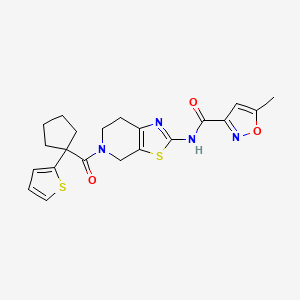 molecular formula C21H22N4O3S2 B2541579 5-methyl-N-(5-(1-(thiophen-2-yl)cyclopentanecarbonyl)-4,5,6,7-tetrahydrothiazolo[5,4-c]pyridin-2-yl)isoxazole-3-carboxamide CAS No. 1396814-86-0