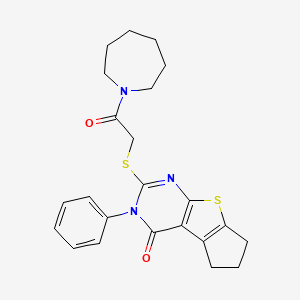 molecular formula C23H25N3O2S2 B2541606 10-{[2-(Azepan-1-yl)-2-oxoethyl]sulfanyl}-11-phenyl-7-thia-9,11-diazatricyclo[6.4.0.0^{2,6}]dodeca-1(8),2(6),9-trien-12-one CAS No. 571934-69-5