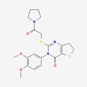 molecular formula C20H23N3O4S2 B2541642 3-(3,4-dimethoxyphenyl)-2-((2-oxo-2-(pyrrolidin-1-yl)ethyl)thio)-6,7-dihydrothieno[3,2-d]pyrimidin-4(3H)-one CAS No. 877655-46-4