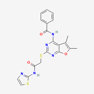molecular formula C20H17N5O3S2 B2541643 N-[5,6-dimethyl-2-[2-oxo-2-(1,3-thiazol-2-ylamino)ethyl]sulfanylfuro[2,3-d]pyrimidin-4-yl]benzamide CAS No. 612522-58-4