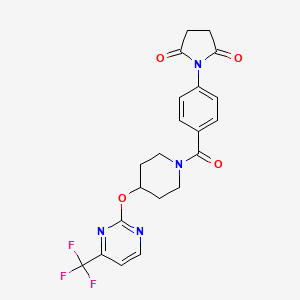 molecular formula C21H19F3N4O4 B2541692 1-[4-[4-[4-(Trifluoromethyl)pyrimidin-2-yl]oxypiperidine-1-carbonyl]phenyl]pyrrolidine-2,5-dione CAS No. 2380177-04-6