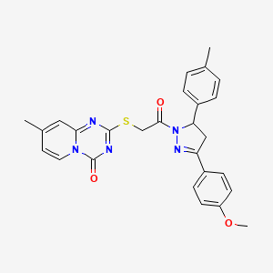 molecular formula C27H25N5O3S B2541771 2-((2-(3-(4-甲氧基苯基)-5-(对甲苯基)-4,5-二氢-1H-吡唑-1-基)-2-氧代乙基)硫)-8-甲基-4H-吡啶并[1,2-a][1,3,5]三嗪-4-酮 CAS No. 896332-59-5