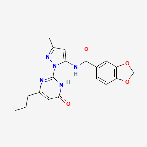 molecular formula C19H19N5O4 B2541840 N-(3-methyl-1-(6-oxo-4-propyl-1,6-dihydropyrimidin-2-yl)-1H-pyrazol-5-yl)benzo[d][1,3]dioxole-5-carboxamide CAS No. 1002931-43-2