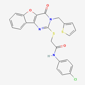 molecular formula C23H16ClN3O3S2 B2541880 N-(4-chlorophenyl)-2-{[4-oxo-3-(thiophen-2-ylmethyl)-3,4-dihydro[1]benzofuro[3,2-d]pyrimidin-2-yl]sulfanyl}acetamide CAS No. 899941-64-1