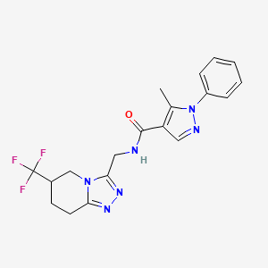 molecular formula C19H19F3N6O B2541984 5-methyl-1-phenyl-N-((6-(trifluoromethyl)-5,6,7,8-tetrahydro-[1,2,4]triazolo[4,3-a]pyridin-3-yl)methyl)-1H-pyrazole-4-carboxamide CAS No. 2034380-48-6
