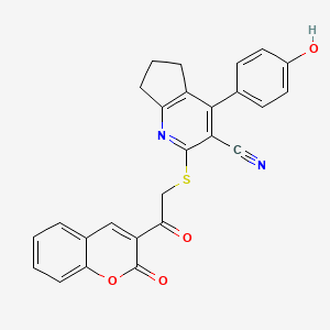 molecular formula C26H18N2O4S B2542124 4-(4-hydroxyphenyl)-2-((2-oxo-2-(2-oxo-2H-chromen-3-yl)ethyl)thio)-6,7-dihydro-5H-cyclopenta[b]pyridine-3-carbonitrile CAS No. 865546-80-1